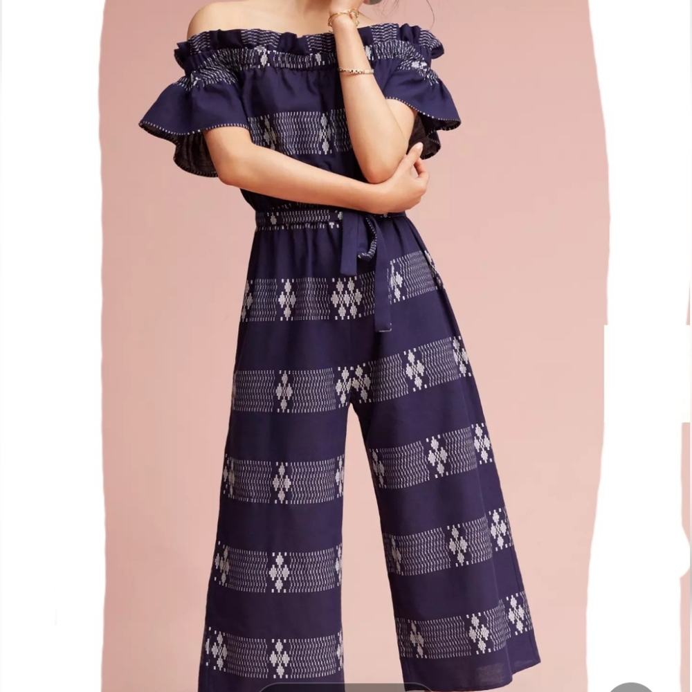 Anthropologie Petite Aziza Off-The-Shoulder Embroidered Style Wide Leg Jumpsuit